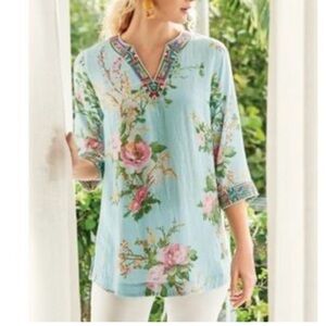 Soft Surroundings Light Blue Floral Tunic embroidered size L